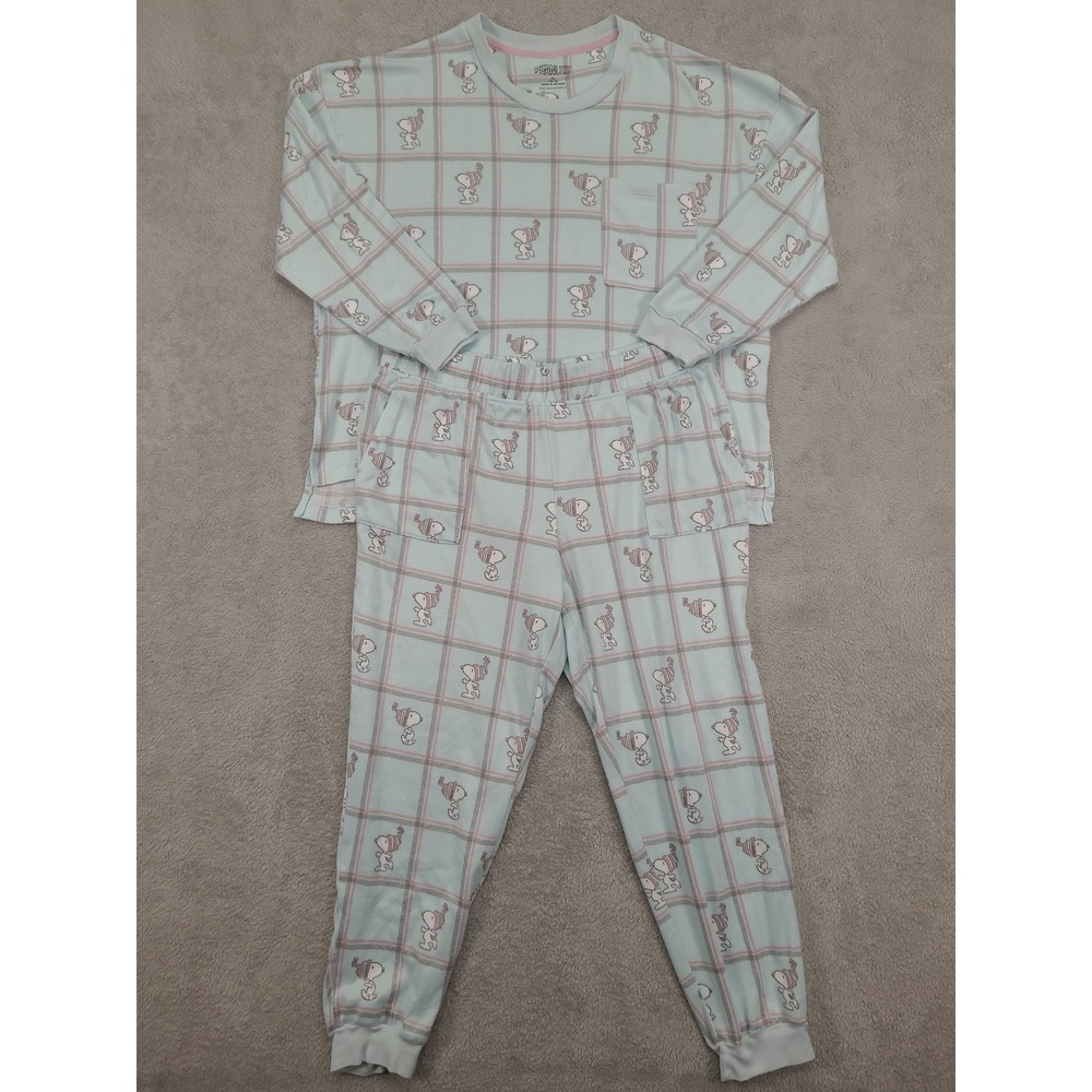 Peanuts Snoopy Plaid Pajama Set Women XL Blue Pink Long Sleeve Joggers 2pc